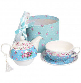 Чайный набор 3 предмета (чайная пара + чайник)  Royal Classics "Розочки на голубом" / 150350