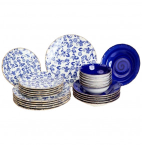 Набор тарелок 24 предмета на 6 персон  O.M.S. Collection "TULU /Цветы /Реактив сине-белый" микс с углублением / 296114