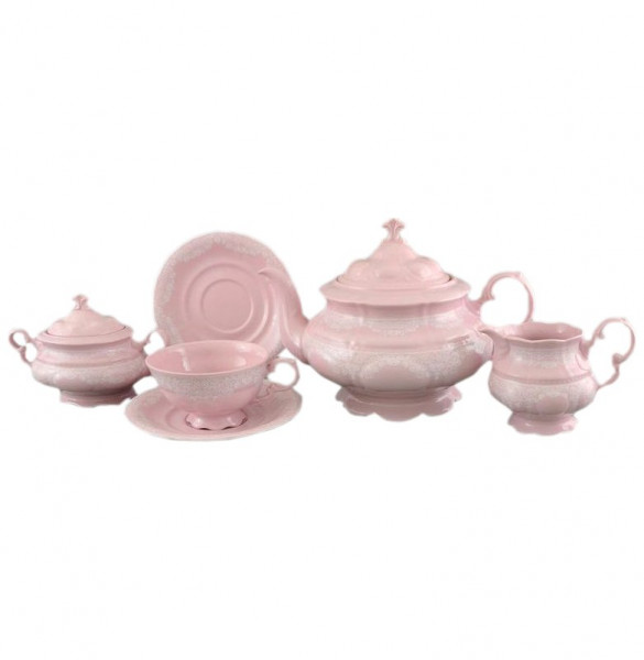 Чайный сервиз на 6 персон 15 предметов  Leander &quot;Соната /Белый узор /Розовая&quot; / 158453