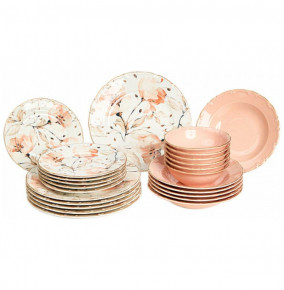 Набор тарелок 24 предмета на 6 персон  O.M.S. Collection "TULU /Цветы /Персиковый и белый" (с углублением) / 288913