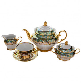 Чайный сервиз на 6 персон 15 предметов  МаМ декор "Фредерика /Золотые листики на зелёном" / 001899