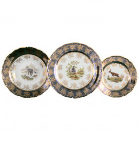 Набор тарелок 18 предметов (19, 23, 25 см)  Bohemia Porcelan Moritz Zdekauer 1810 s.r.o. "Магнолия /Охота зелёная" / 038362