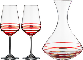 Набор для вина 3 предмета (декантер 1,5 л + 2 бокала по 450 мл)  Crystalex CZ s.r.o. "Сандра /Красные и золотые полосы" / 132120