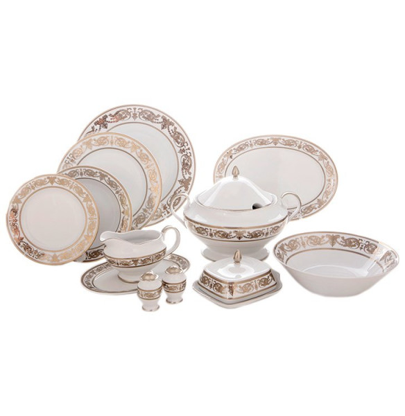 Столовый сервиз на 6 персон 27 предметов  Bavarian Porcelain &quot;Александрия /Платиновый узор на белом&quot; / 070348