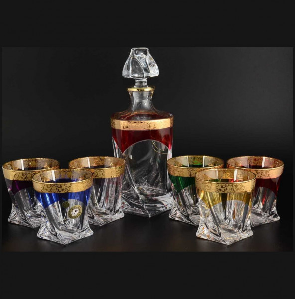 Набор для виски 7 предметов (графин 850 мл + 6 стаканов по 340 мл)  Crystalite Bohemia &quot;Квадро /Ассорти с золотом&quot; / 101050