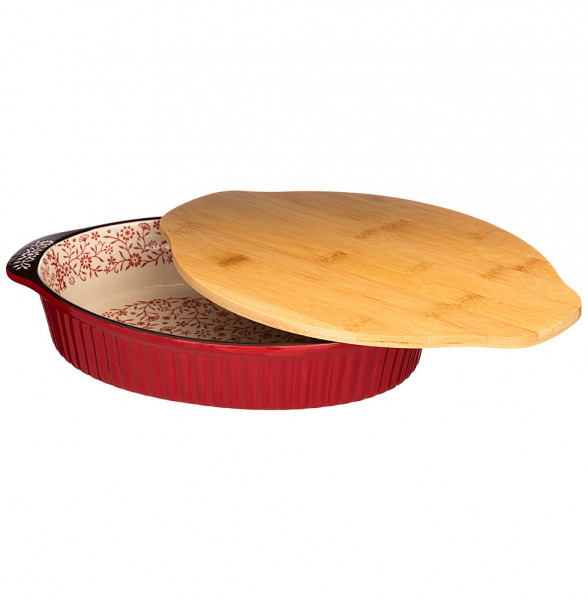 Блюдо для запекания 31 х 20,5 х 6 см с деревянной крышкой-доской красное  Agness &quot;Цветочный узор&quot; / 230263