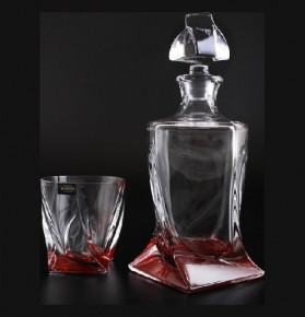 Набор для виски 7 предметов (графин 850 мл + 6 стаканов по 340 мл)  Crystalite Bohemia "Квадро /Красное дно" / 096048