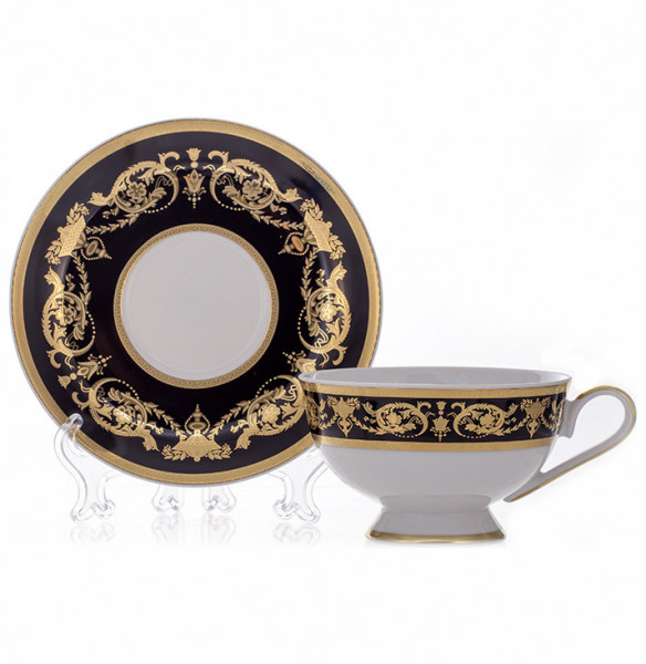 Чайная пара 200 мл 1 шт  Bavarian Porcelain &quot;Александрия /Золотой узор на чёрном&quot; / 230522