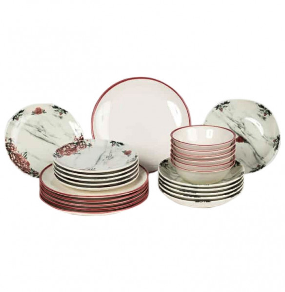 Набор тарелок 24 предмета на 6 персон белый с бордовым бортиком  O.M.S. Collection &quot;TULU /Пионы&quot; комбинированный / 296109