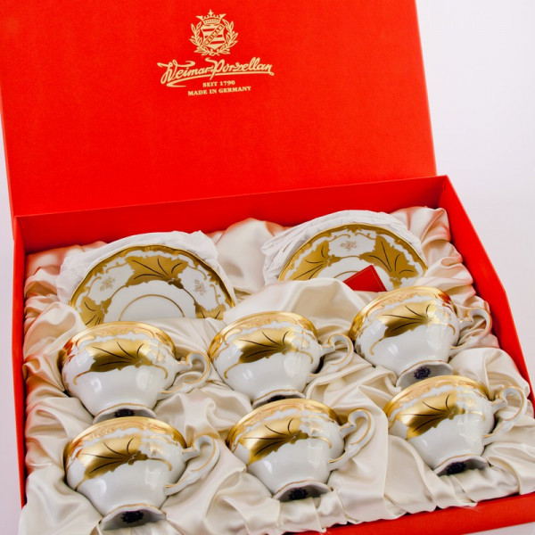 Набор чайных пар 210 мл 6 шт  Weimar Porzellan &quot;Кленовый лист /Белый&quot; (подарочная упаковка) / 053080