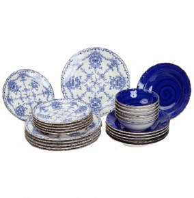 Набор тарелок 24 предмета на 6 персон  O.M.S. Collection "TULU /Вензель /Реактив сине-белый" микс / 296116