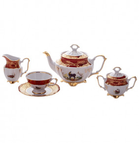 Чайный сервиз на 6 персон 15 предметов  Bavarian Porcelain "Мария-Тереза /Охота красная" / 012195