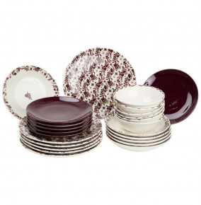 Набор тарелок 24 предмета на 6 персон  O.M.S. Collection "TULU /С веточками" комбинированный бордовый и белый / 296110
