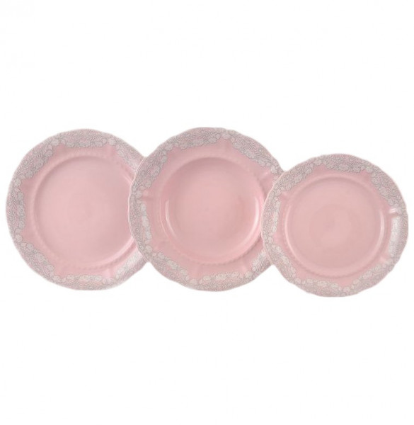 Набор тарелок 18 предметов (19, 23, 25 см)  Leander &quot;Соната /Серый узор /Розовая&quot; / 158474